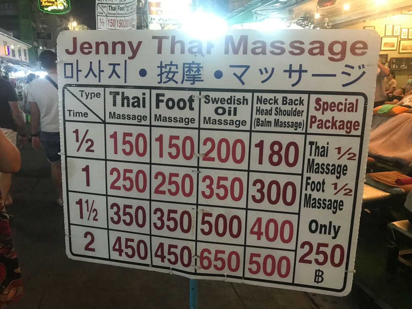 Massage prices